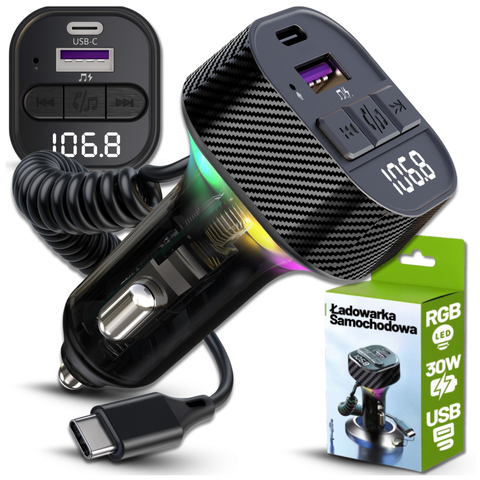Transmiter FM Bluetooth 5.3 z Ładowarką Samochodową PD 30W QC3.0, Kabel Sprężynowy USB-C, Obsługa Pendrive, Podświetlenie LED 7 Barw – Alogy CarTune™ Czarny