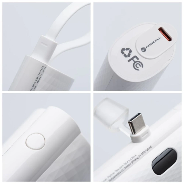 FORCELL F-ENERGY Power Plug F5K3 Powerbank z Wbudowanym Złączem Typ C PD 20W 5000 mAh Biały