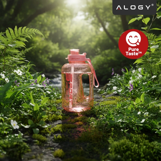 Duża Butelka Motywacyjna na Wodę 1.7L Bidon Sportowy z Miarką, Uchwytem i Pokrywką 2w1 (Dzióbek + Słomka), Wygodna i Szczelna, Alogy Sport 1700ml – Różowa