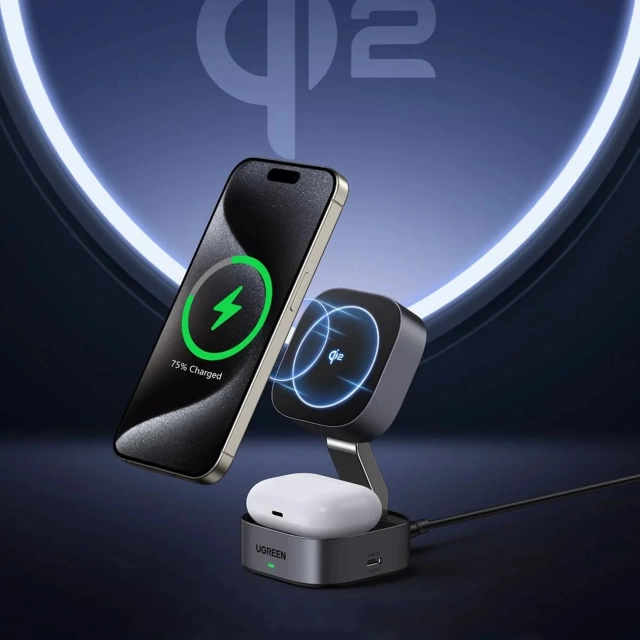 Ładowarka Ugreen W702 3w1 MagSafe Qi2 15W Składana USB-C Czarna