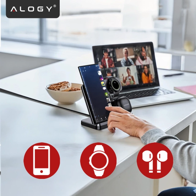 Ładowarka Bezprzewodowa Indukcyjna 3w1 Qi 3.0 Szybka do Samsung S22 S23 S24 S25 Galaxy Watch Buds Stacja czarna