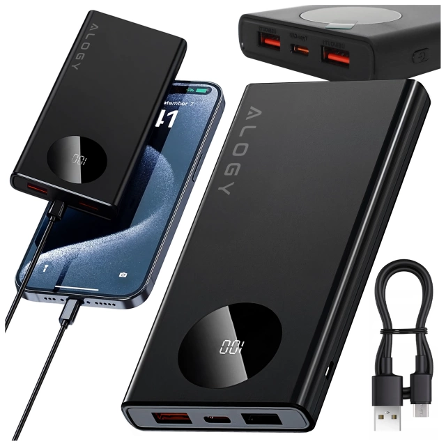 PowerBank 10000mAh z Technologią PD 120W, Szybkie Ładowanie PowerDelivery, Porty 2x USB-A i 1x USB-C, Wysoka Moc i Kompaktowy Design, Alogy TurboCharge™ – Czarny