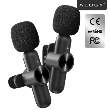 Kabelloses Mikrofon-Set (2 Stück) – Lightning-Anschluss für iPhone, Geräuschunterdrückung, leichtes Design, Reichweite bis zu 20 Meter – 2 Ansteckmikrofone mit Fellbezug, Telefonhörer – Alogy DualVoice™ Schwarz