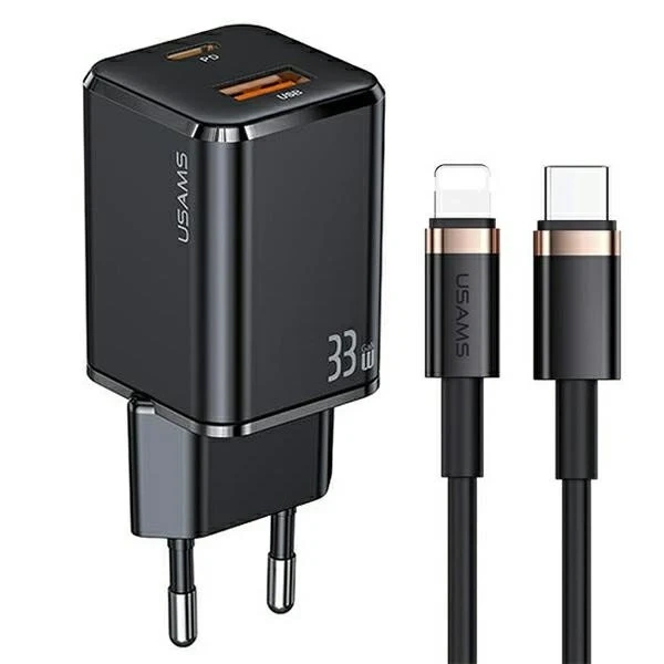 USAMS Ładowarka sieciowa 1xUSB-C+1xUSB T43 33W PD3.0 +QC3.0  + kabel U63 USB-C na lightning czarny/black USKTZ01
