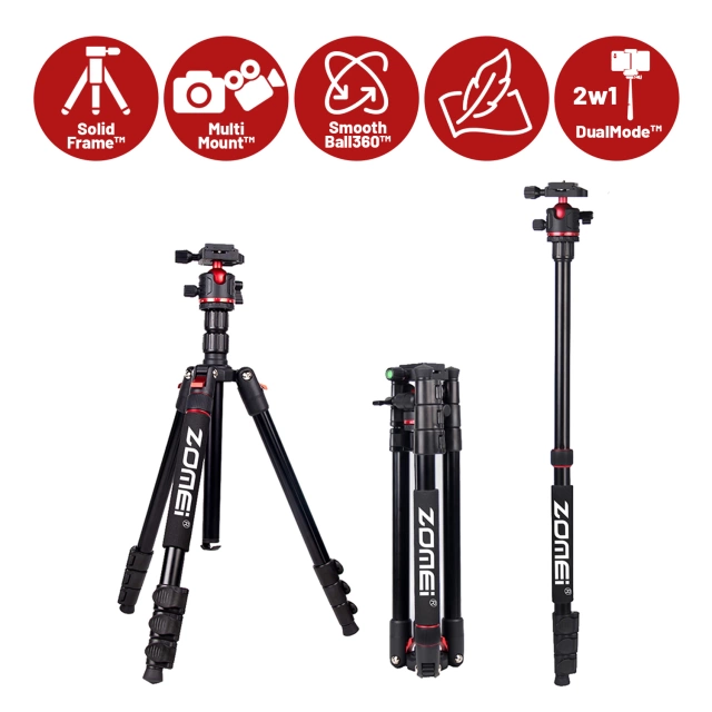 Statyw Profesjonalny 2w1 – Tripod i Monopod do Aparatu i Kamery, Składany z Regulowaną Wysokością i Głowicą Kulową 360°, Stabilny i Lekki, ProStand™ – Czarny