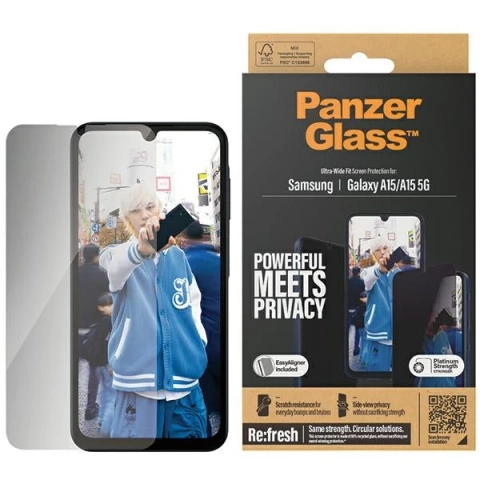 Gehärtetes Glas für Samsung Galaxy A15 5G PanzerGlass Ultra-Wide Fit Privacy EasyAligner