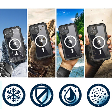 Etui do iPhone 15 Plus wodoodporne Mag Safe Case pancerne wodoszczelne obudowa czarno-szare