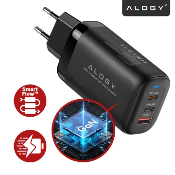 Alogy GaNCharge Kompaktes 3-in-1-Wandladegerät, schnelles Laden, GaN3, 65 W, USB-A, 30 W, 2 x USB-C, 65 W, Schwarz