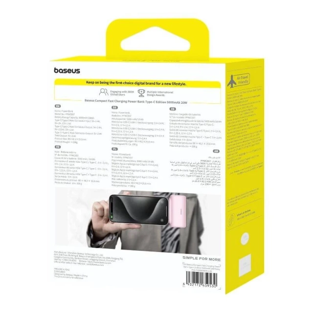Powerbank Baseus Compact 5000mAh 20W USB-C Mini Szybkie Ładowanie Różowy