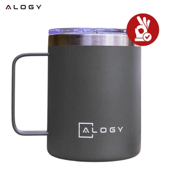 Thermobecher 420 ml mit Henkel und Deckel für Kaffee, Tee, Stahl, Kalt- und Heißgetränke Alogy Grey