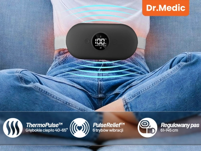 Pas Grzejący z Masażerem na okres i plecy - przeciwbólowy, ciepło + wibracje, 6 poziomów intensywności, akumulator 1800 mAh - Dr.Medic ThermoPulse™ Czarny