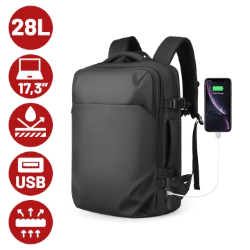 Plecak Podróżny z Przegrodą na Laptopa 17.3" Mark Ryden, Uniwersalny i Wszechstronny, Wodoodporny Bagaż Podręczny do Samolotu z Portem USB, 28L (49×33×12 cm) – Czarny