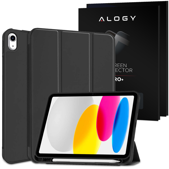 Alogy Book Cover Pencil Case Schutzhülle mit Stifthalter für Apple iPad Air 4 2020 / Air 5 2022 10,9 Zoll, schwarzes Glas
