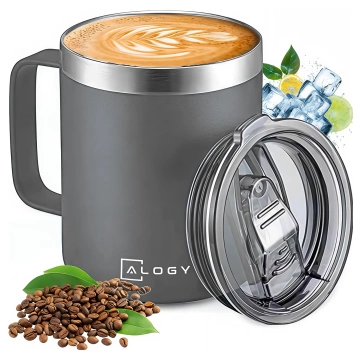 Thermobecher 420 ml mit Henkel und Deckel für Kaffee, Tee, Stahl, Kalt- und Heißgetränke Alogy Grey