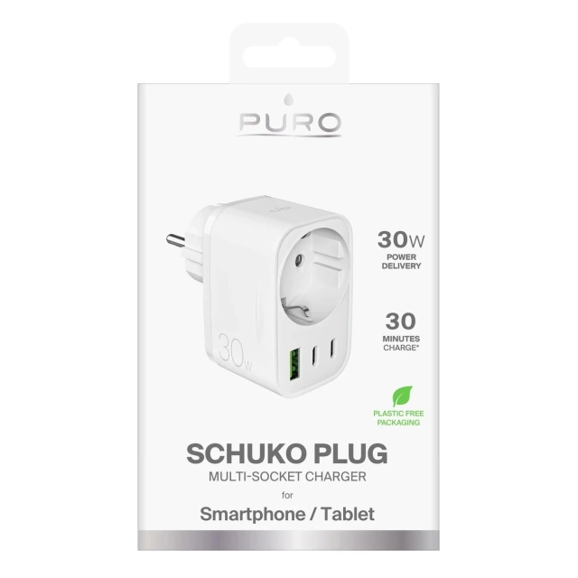 Ładowarka Puro 30W Power Delivery z gniazdem Schuko 2x USB-C + USB-A – biała