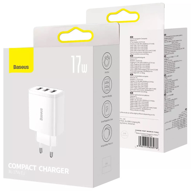 Ładowarka sieciowa Baseus Compact Quick Charger 3x USB 17W do telefonu tabletu słuchawek Biała