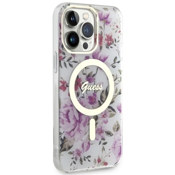 Etui na telefon Guess GUHMP14XHCFWST do Apple iPhone 14 Pro Max 6,7" transparent hardcase Flower MagSafe
