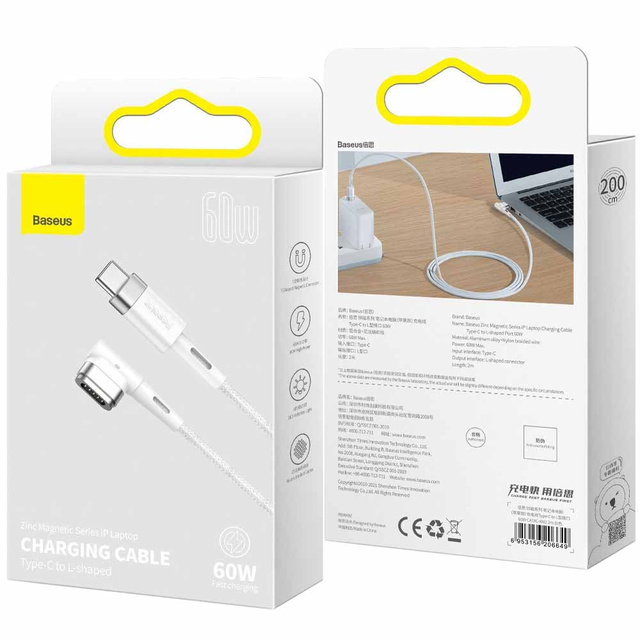 Kabel 2m magnetyczny kątowy Baseus Zinc Magnetic USB-C type C do MagSafe 60W Biały