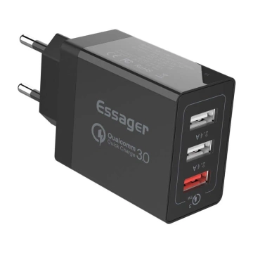 Essager ECTQC3-FBB01 30W 3xUSB Schwarzes Wandladegerät