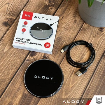 QI kabelloses induktives Ladegerät 15 W schnelle LED Alogy rund für iPhone USB-C-Kabel Schwarz