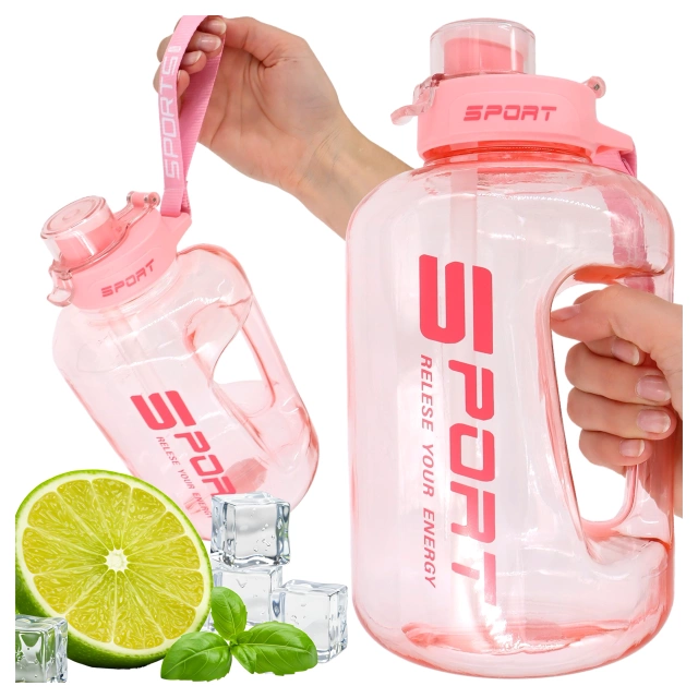 Duża Butelka Motywacyjna na Wodę 1.7L Bidon Sportowy z Miarką, Uchwytem i Pokrywką 2w1 (Dzióbek + Słomka), Wygodna i Szczelna, Alogy Sport 1700ml – Różowa