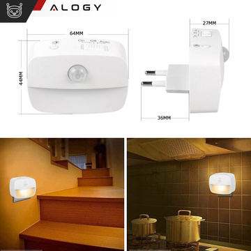 3x LED-Nachtlampe mit Bewegungssensor für EU-Steckdose, 3 Lichtfarben Alogy Night Light White