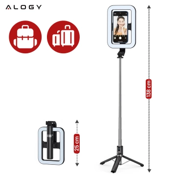 Alogy GlowStick™ Pro Stativ-Selfie-Stick mit Fernbedienung und LED-Licht für Make-up-Fotos und -Videos, Länge 132 cm, Schwarz