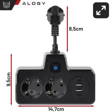 Rozgałęźnik gniazdka Alogy Plug Extender rozdzielacz adapter przedłużacz 2x wtyczka EU + 2x USB + 2x USB-C Czarny