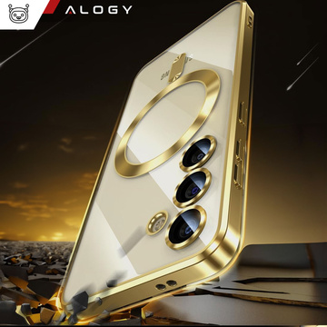Hülle für Samsung Galaxy S24 Mag Safe Glamour Case Ringgehäuse Kameraschutz Alogy Gold Transparentes Glas