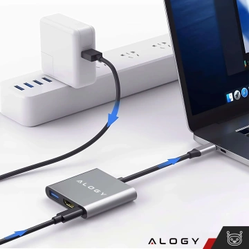Adapter przejściówka HUB 3w1 USB-C na HDMI USB-A USB-C 4K 60Hz Alogy szary