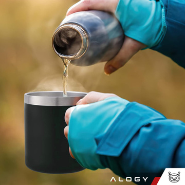 Thermobecher-Set mit 2 Tassen. Thermobecher 420 ml mit Griffdeckel für Kaffee, Tee, Stahl, Alogy Black