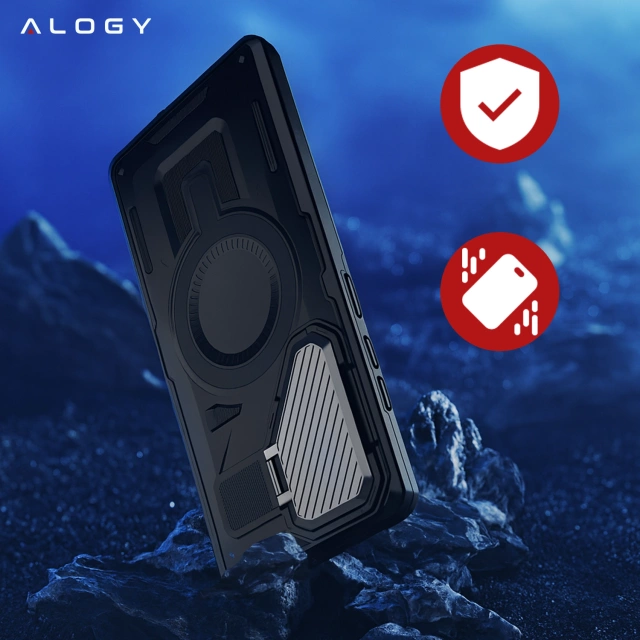 Etui do Samsung Galaxy S25 Ultra Case do MagSafe Wzmocniona Pancerna ochrona obiektywów z funkcją podstawki obudowa ochronna na telefon Alogy HeavyDuty Mag™️Czarne + SZKŁO HARTOWANE