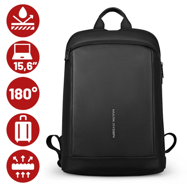 Plecak na Laptopa 15.6" Mark Ryden, Wodoodporny Biznesowy i Podróżny, Wygodny, Otwierany 180°, z Zaczepem na Walizkę, 13L (43×30×10 cm) – Czarny
