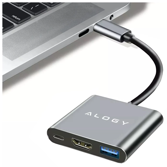 Adapter przejściówka HUB 3w1 USB-C na HDMI USB-A USB-C 4K 60Hz Alogy szary