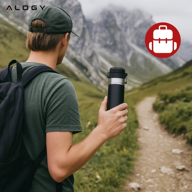 Kubek termiczny Termos Alogy ThermoGo™ 800ml Stalowy Szczelny Pakowny Podróżny do Kawy i Herbaty Sportowy Długo Trzymający Ciepło do Auta i Plecaka Czarny