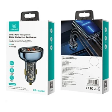 USAMS Autoladegerät 2xUSB 1xUSB-C 125W Fast Charge transparent blau CC158CC02 (US-CC158)