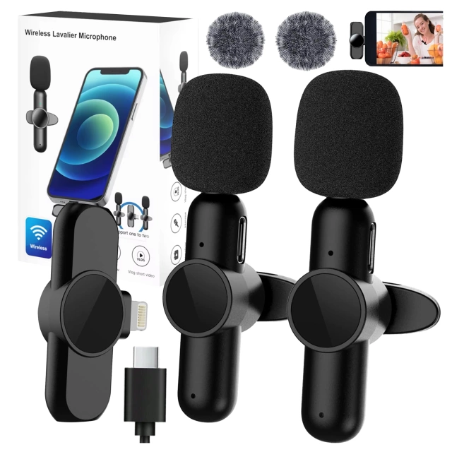 Mikrofon Bezprzewodowy 2x Zestaw - Lightning do iPhone, redukcja szumu, lekka konstrukcja, zasięg do 20 metrów - 2x Mikrofon Krawatowy z Futerkową Osłoną, Odbiornik do telefonu - Alogy DualVoice™ Czarny