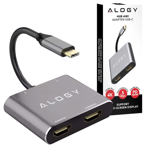 Adapter HUB 4w1 Alogy przejściówka USB-C do 2x HDMI USB 3.0 USB-C szybkie ładowanie PowerDelivery PD 100W