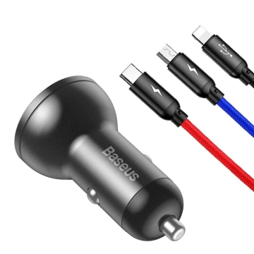 Baseus Autoladegerät 2x USB 4.8A 24W mit LCD Kabel 3in1 USB - USB Type C / Micro USB / Lightning 1.2m schwarz (TZCCBX-0G)