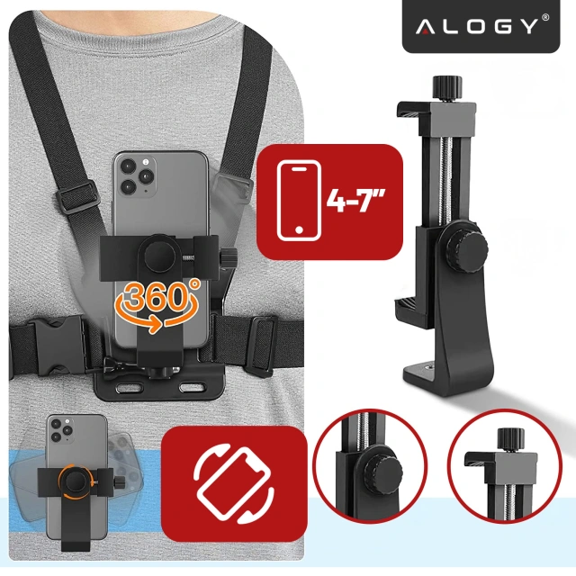 Szelki sportowe na klatkę piersiową – uniwersalny uchwyt do kamery, aparatu i telefonu, stabilne nagrywanie POV, regulowane paski – Alogy ChestMount™ Czarne