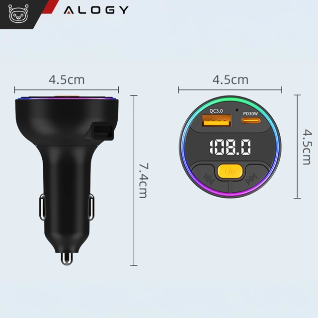 Transmiter samochodowy z Ładowarką Alogy PowerTune USB-A USB-C szybkie ładowanie PowerDelivery PD30W Quick Charge QC3.0 Czarny