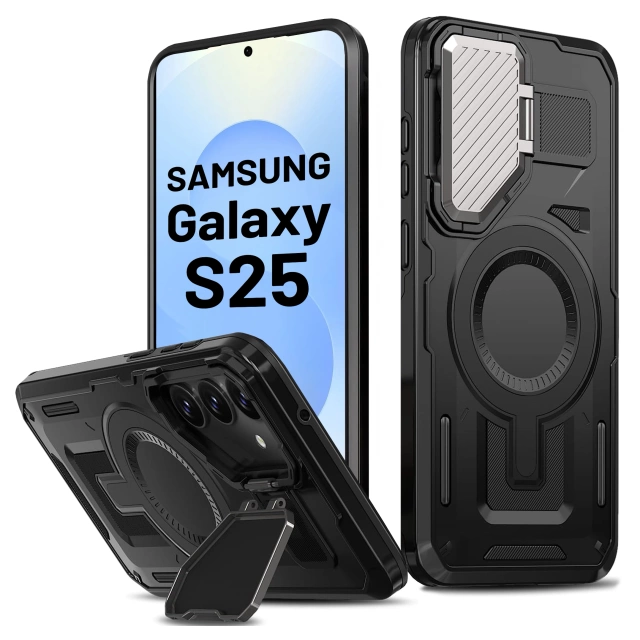 Etui do Samsung Galaxy S25 Case do MagSafe Wzmocniona Pancerna ochrona obiektywów z podstawką obudowa ochronna na telefon Alogy HeavyDuty Mag™️ + Szkło hartowane