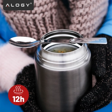 Abendessen-Thermoskanne für Kinder-Suppe, Essen, 700 ml, Alogy Edelstahl-Klapplöffel, Thermograu