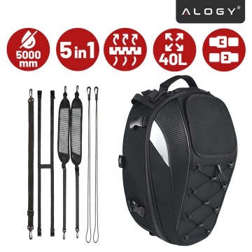 Plecak torba motocyklowa wodoodporna 40L – 5w1 – kufer, podsiodłowa, bagażnikowa, na kask, z pokrowcem, Nylon, torba miejska na motocykl – Alogy RoadMaster™  Czarna