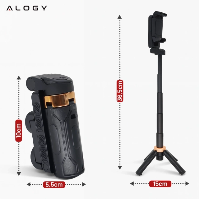 Selfie Stick Mini Tripod stabilny kompaktowy lekki Kijek do Selfie i Statyw Rozkładany 360° z Pilotem Bluetooth 10m, Stojak do Zdjęć i Nagrywania, Alogy FlexiShot™ Czarny