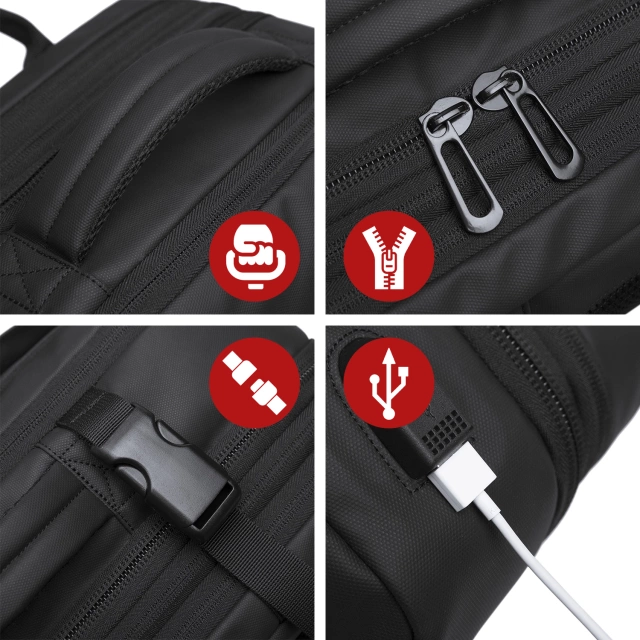 Plecak podróżny Bange BackPack biznesowy plecak rozszerzalny Torba pojemna do laptopa 17.3" z portem USB Czarny