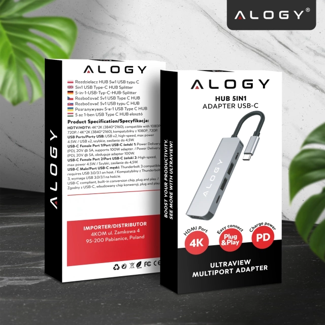 Hub 5w1 USB-C do USB-C PD100W, USB-C, USB.A 2.0, USB.A 3.0, HDMI 4K 30Hz / 1080p 60Hz – Alogy MultiHub™ Do Notebooka Laptopa
