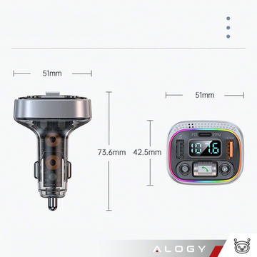 Bluetooth FM MP3 Autosender Schnellladegerät 2 x USB QC 3.0 USB-C C PD 20W LED RGB Alogy Car Silber