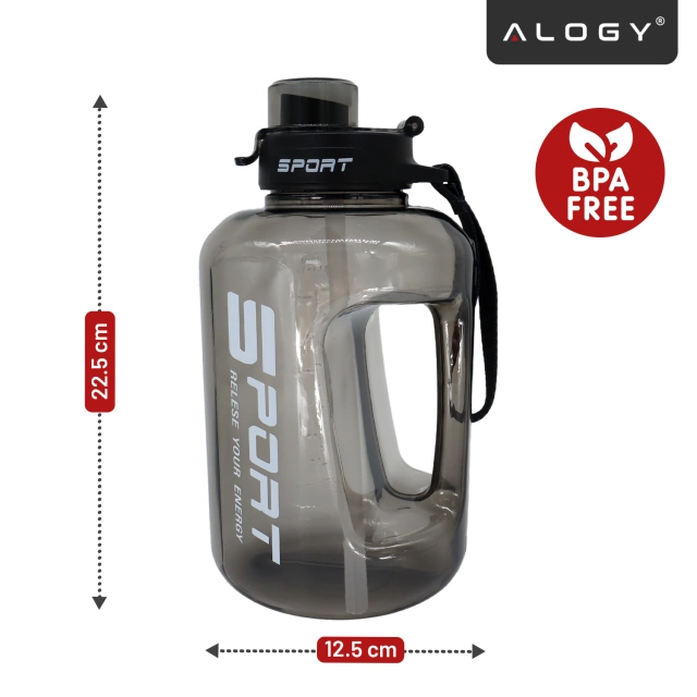Duża Butelka Motywacyjna na Wodę 1.7L Bidon Sportowy z Miarką, Uchwytem i Pokrywką 2w1 (Dzióbek + Słomka), Wygodna i Szczelna, Alogy Sport 1700ml – Czarna