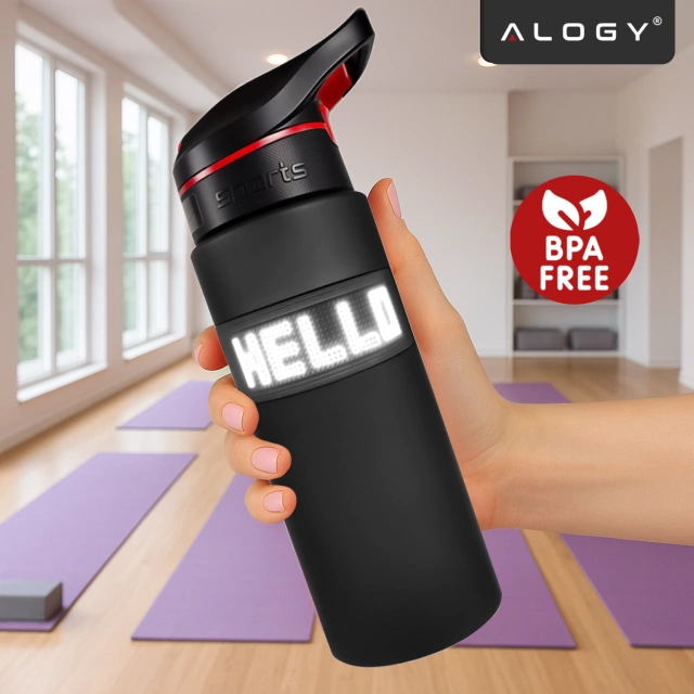 Butelka Bidon na Napoje LED, Inteligentna z Wyświetlaczem i Łącznością Bluetooth, Słomka, Motywacyjna, Wielokrotnego Użytku, Alogy FitBottle™ 800ml - Czarna
